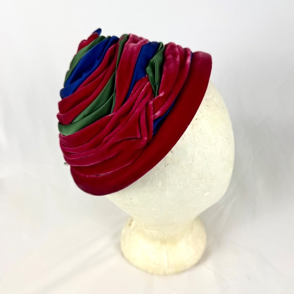 1960s Gwenn Pennington Bee Hive Hat Magenta Blue Green Velvet Turban Church Lady - Picture 9 of 12